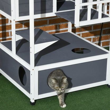 PawHut Wooden Outdoor Cat House 3-Tier for Winter Kitten Shelter Lodge w/ Tilted Roof Terrace Jump Step Bottom Tray Elevated Base Waterproof Paint Grey 