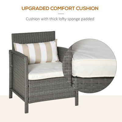 Outsunny 3 Pieces Rattan Bistro Set, Wicker Garden Furniture Set, Glass Top 2-tier Coffee Table and Chairs Set with Pillows and Washable Cushions for Outdoor, Patio, Balcony, Light Grey 