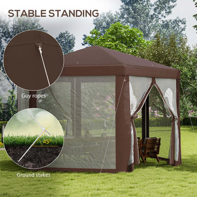 Outsunny Hexagonal Garden Gazebo Patio Party Outdoor Canopy Tent Sun Shelter with Mosquito Netting and Zipped Door, Brown 