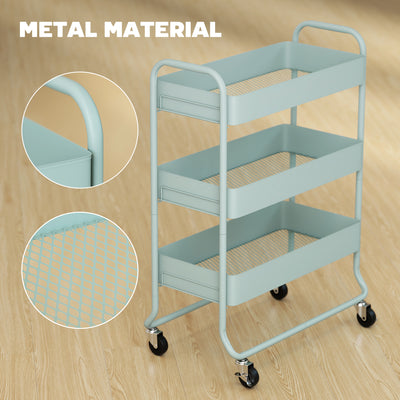 HOMCOM 3-Tier Storage Trolley on Wheels, Rolling Utility Cart with Mesh Backets for Kitchen, Bathroom, Bedroom, Light Green 
