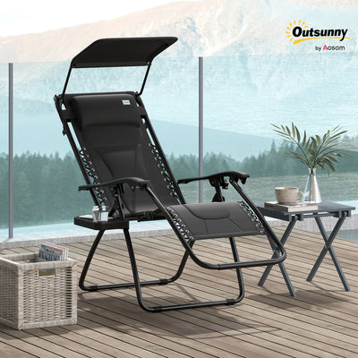 Outsunny Zero Gravity Lounger Chair, Folding Reclining Patio Chair with Shade Cover, Padded Seat, Cup Holder, Soft Cushion and Headrest for Poolside, Camping, Black 