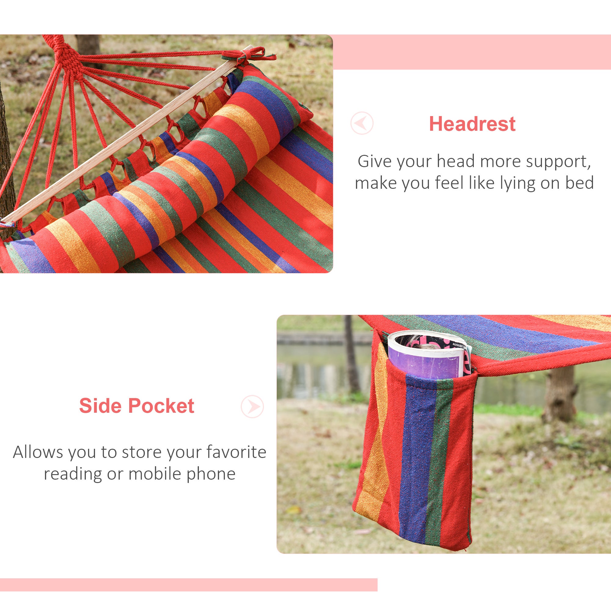 Outsunny Cotton Hammock Soft Portable Swing Sleeping w/ Headrest & Side Pocket Deluxe Swing Chair for Beach, Yard, Bedroom, Patio, Porch, Indoor, Outdoor，270 x 80 cm 