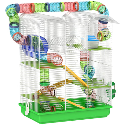 PawHut 5 Tier Hamster Cage Carrier Habitat with Exercise Wheels Tunnel Tube Water Bottle Dishes House Ladder for Dwarf Mice, Green 