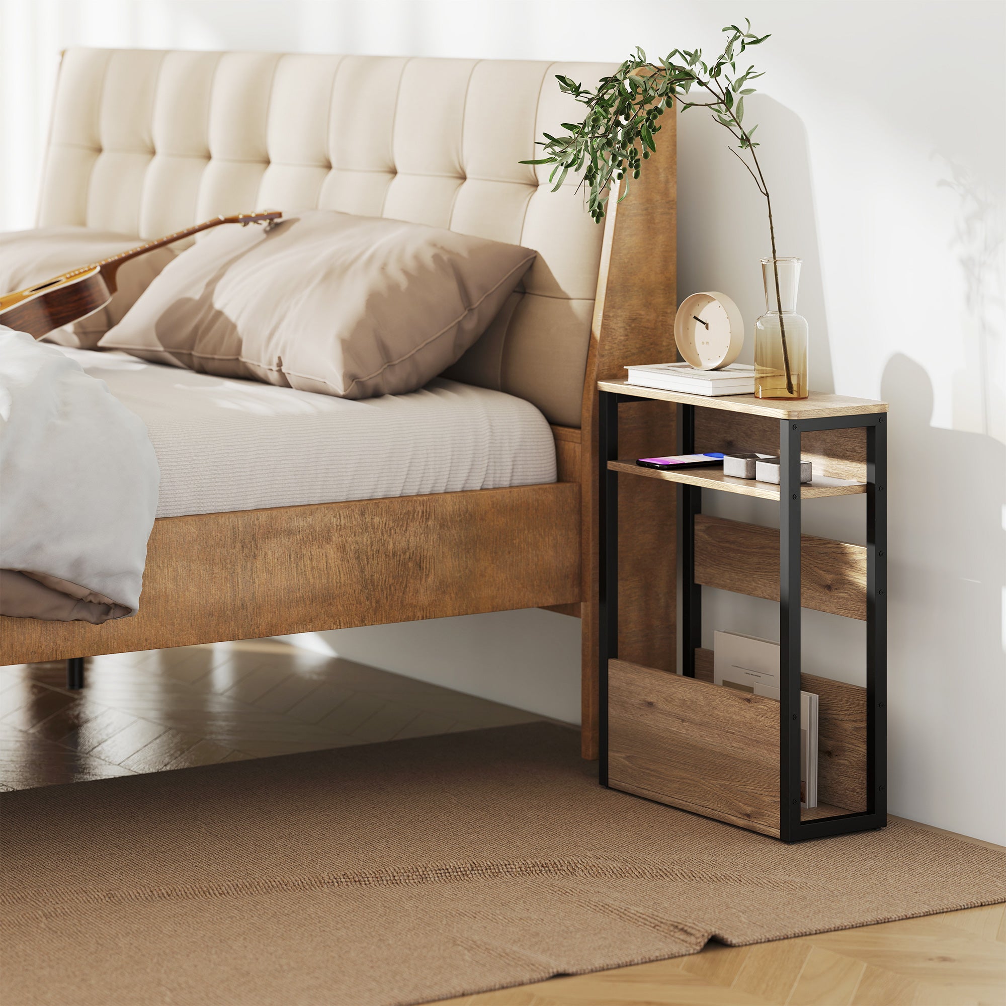 HOMCOM Industrial-Style Side Table - Black/Walnut Brown 