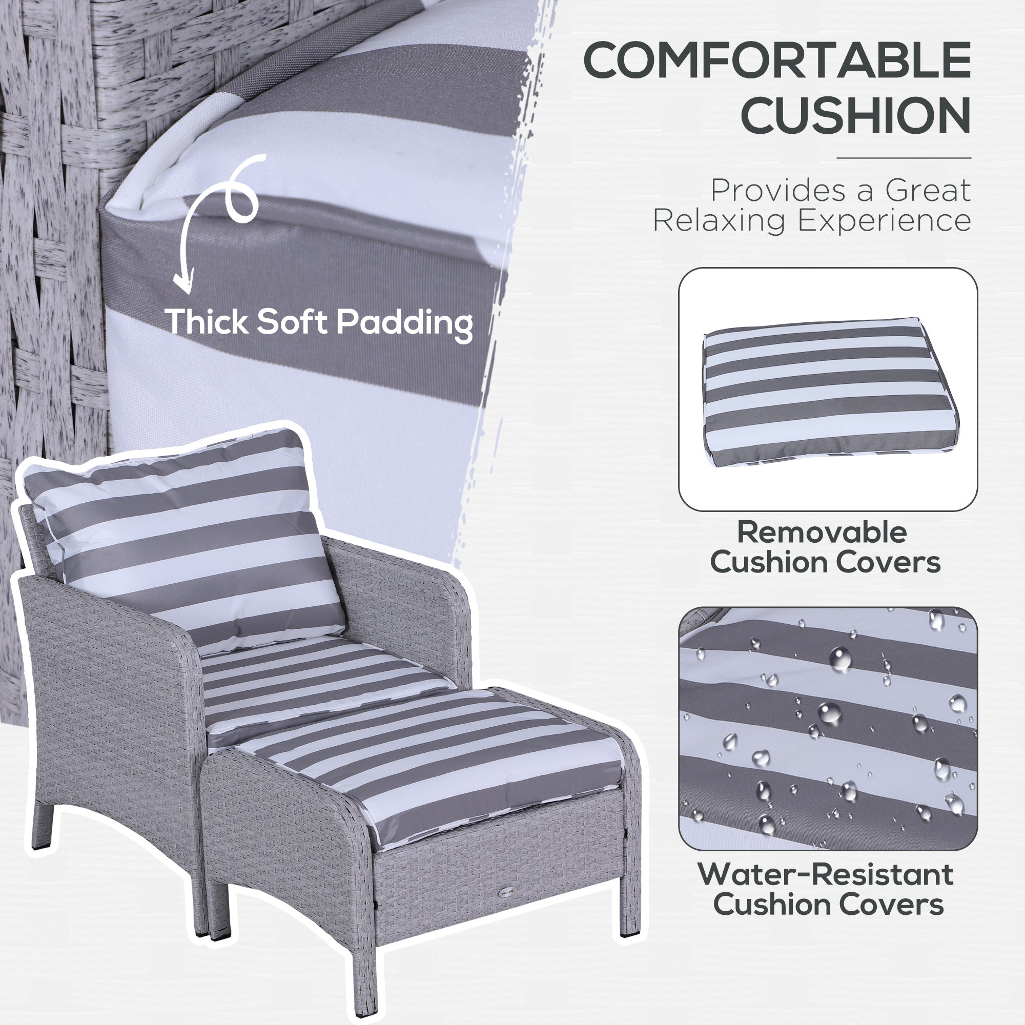 Outsunny 5 Pieces PE Rattan Garden Furniture Set with 10cm Thick Padded Cushions, Wicker Weave Outdoor Seating Chairs with 2 Armchairs, 2 Stools, Glass Top Table, Grey and White 