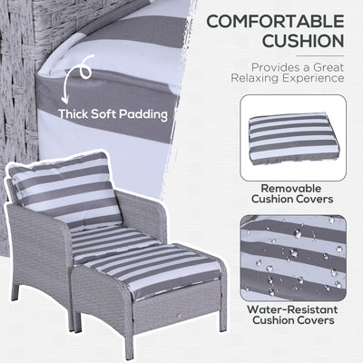 Outsunny 5 Pieces PE Rattan Garden Furniture Set with 10cm Thick Padded Cushions, Wicker Weave Outdoor Seating Chairs with 2 Armchairs, 2 Stools, Glass Top Table, Grey and White 