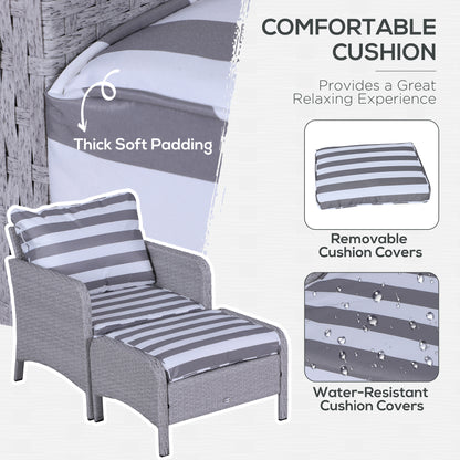 Outsunny 5 Pieces PE Rattan Garden Furniture Set with 10cm Thick Padded Cushions, Wicker Weave Outdoor Seating Chairs with 2 Armchairs, 2 Stools, Glass Top Table, Grey and White 