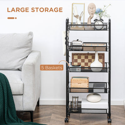 HOMCOM Five-Steel Mesh Basket Storage Trolley, with Wheels - Black 