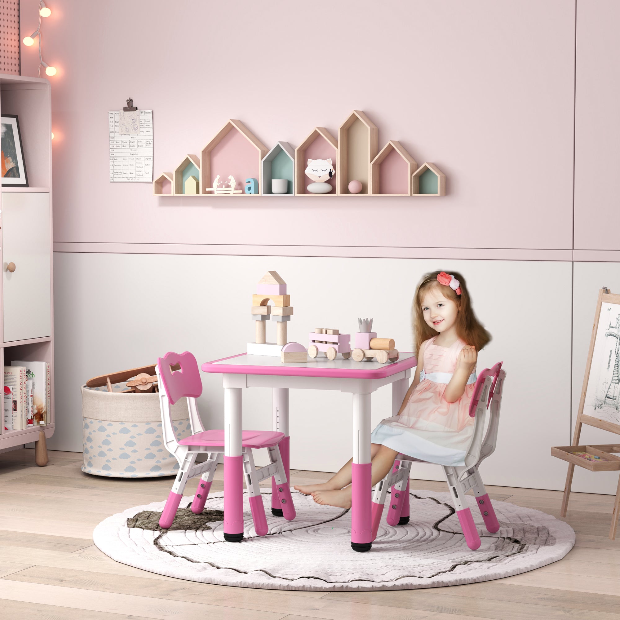 AIYAPLAY Height Adjustable Toddler Table and Chair Set, 3 Pcs Children Activity Table w/ 2 Chairs, for Playroom, Bedroom - Pink 