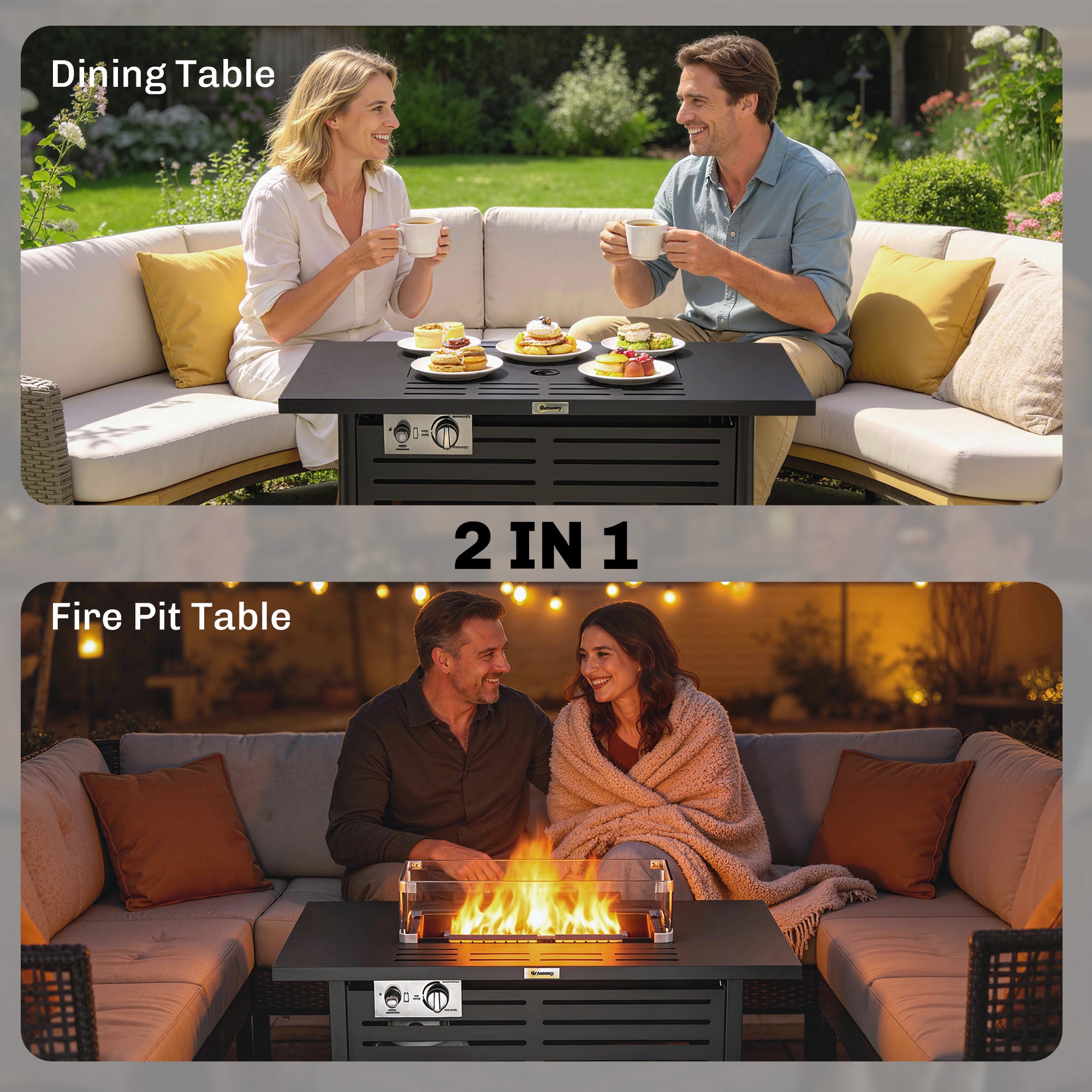 Outsunny Propane Gas Fire Pit Table, Outdoor Firepit with 43" Steel Tabletop and Lid, 50,000 BTU Pulse Ignition Fire Table w/ Stainless Steel Burner, Glass Wind Guard, and Cover 