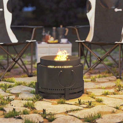 Outsunny Smokeless Fire Pit with Ash Catcher, 37cm Portable Wood Burning Firepit with Poker for Garden Camping Bonfire Party, Metal, Dark Grey 
