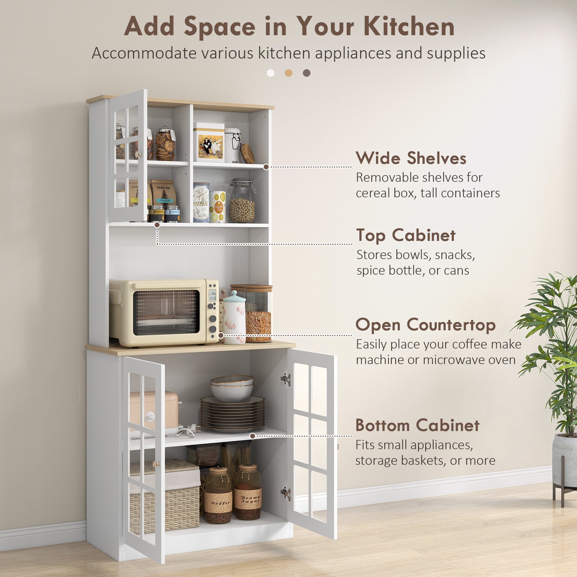 HOMCOM Freestanding Kitchen Cupboard, Storage Cabinet with Doors and Adjustable Shelves, Counter Top, Grid Glass Doors, 80L x 37W x 183H cm - White 