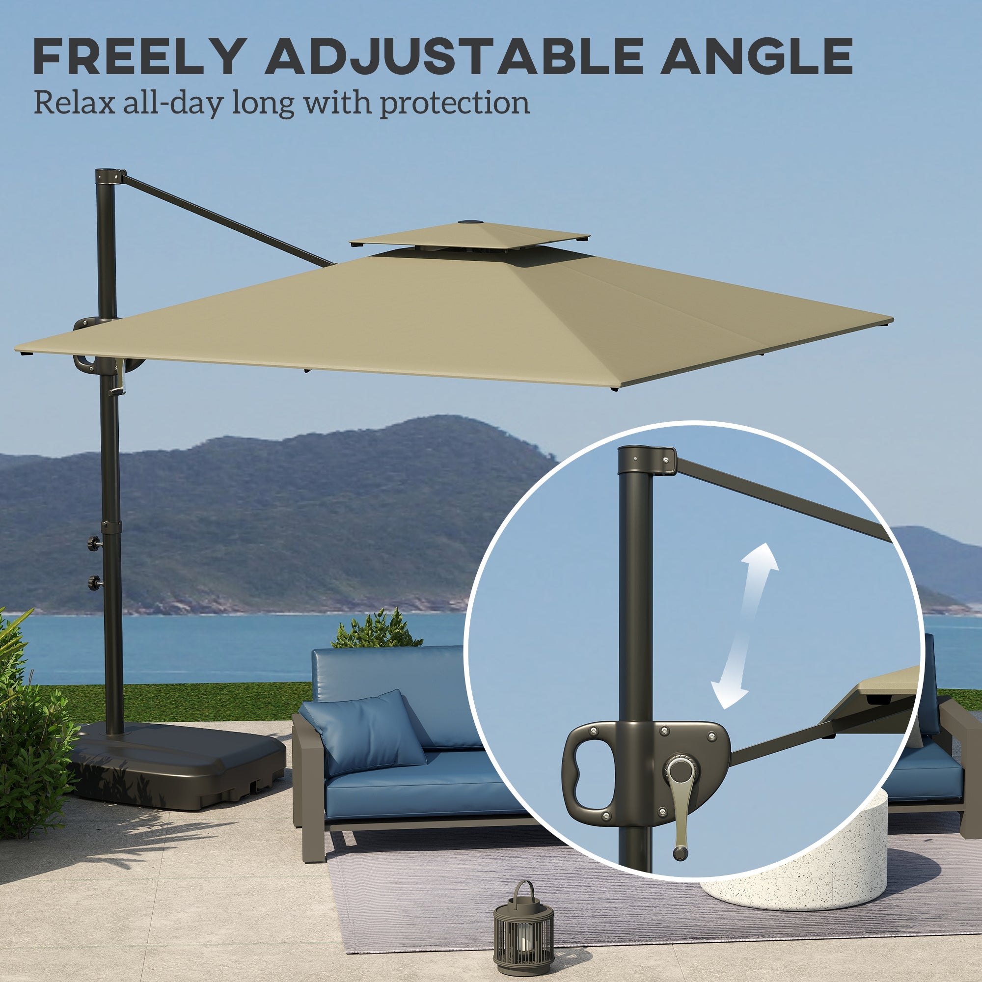 Outsunny Cantilever Parasol with Weighted Base Double Top Garden Parasol Square Hanging Patio Umbrella with Crank Tilt Light Grey 