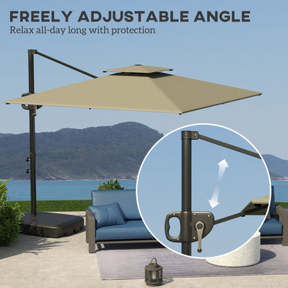 Outsunny Cantilever Parasol with Weighted Base Double Top Garden Parasol Square Hanging Patio Umbrella with Crank Tilt Light Grey 