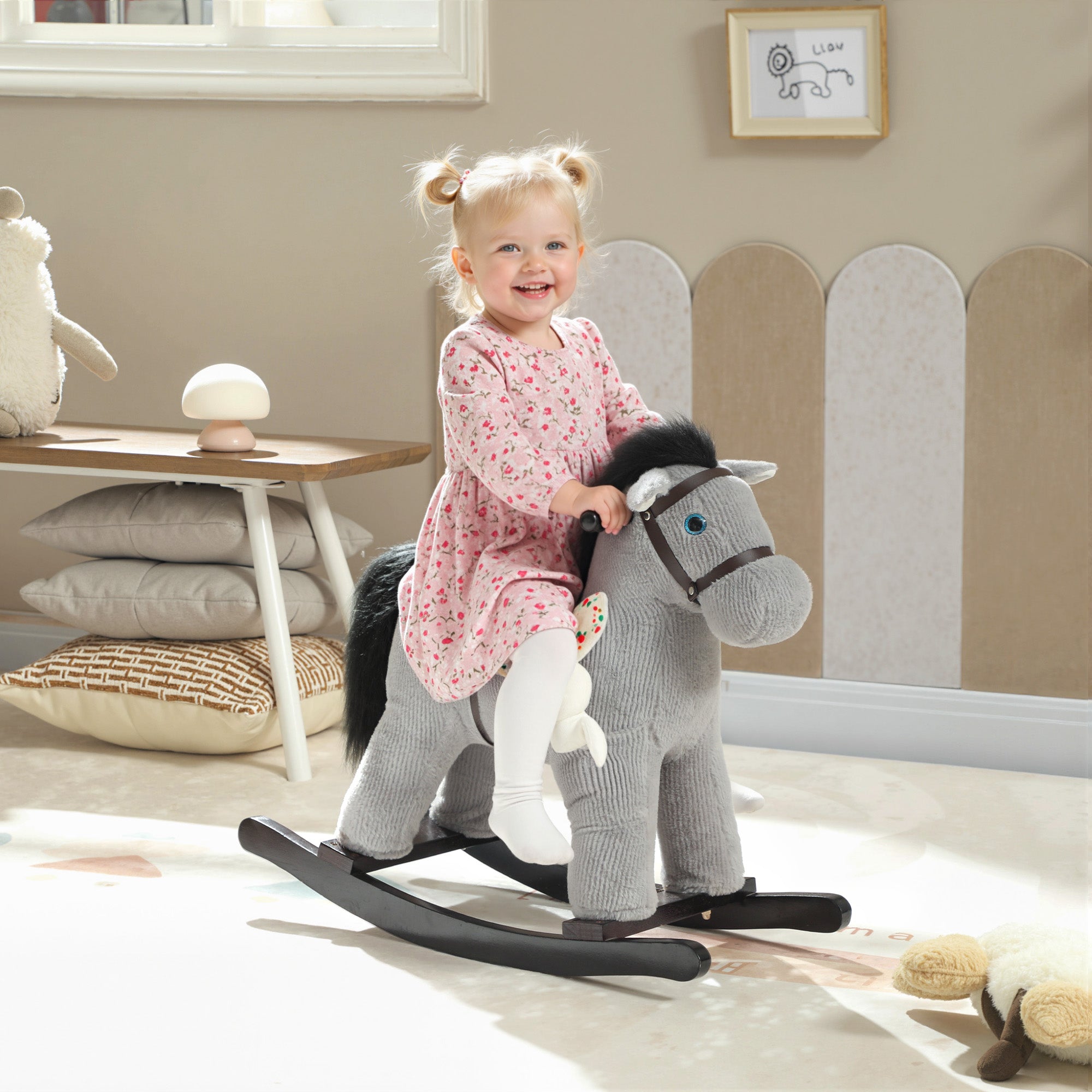 AIYAPLAY Baby Rocking Horse, Plush Ride on Toy with Handle Grip, Sound and Doll, Toddler Animal Rocker for Kids Aged 2-5, Grey 