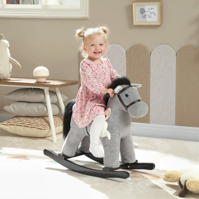 AIYAPLAY Baby Rocking Horse, Plush Ride on Toy with Handle Grip, Sound and Doll, Toddler Animal Rocker for Kids Aged 2-5, Grey 