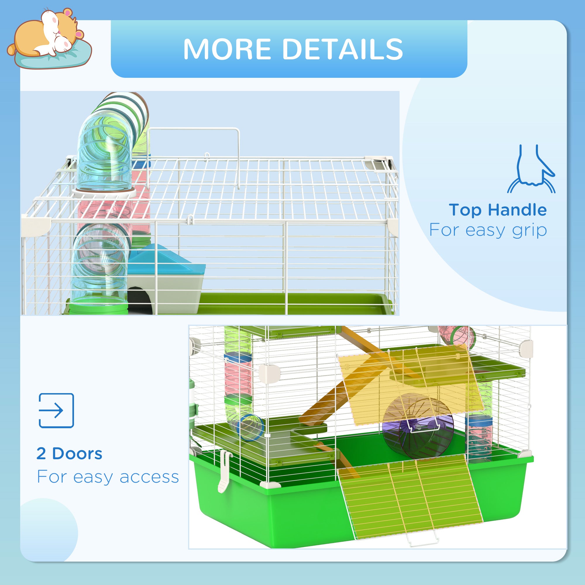 PawHut Hamster Cage w/ Water Bottle, Exercise Wheel, Tubes, Ramps - Green 