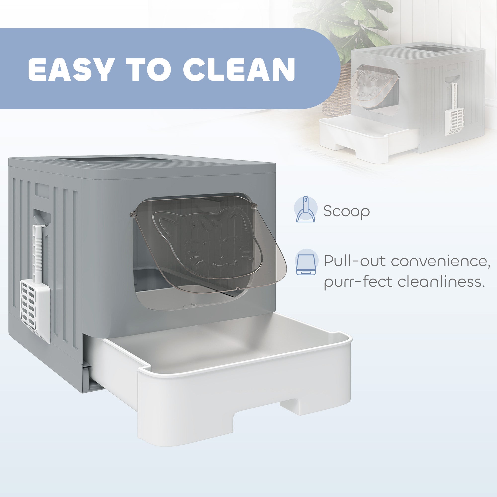 PawHut Cat Litter Box with Lid, Slide-Out Drawer, Scoop, Easy Clean, Odour Control, Anti-Splashing, Grey 