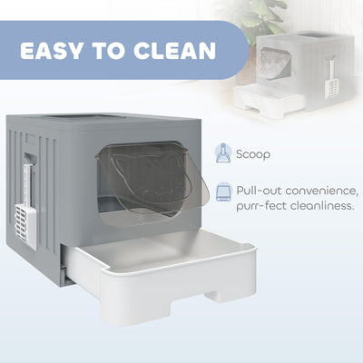 PawHut Cat Litter Box with Lid, Slide-Out Drawer, Scoop, Easy Clean, Odour Control, Anti-Splashing, Grey 