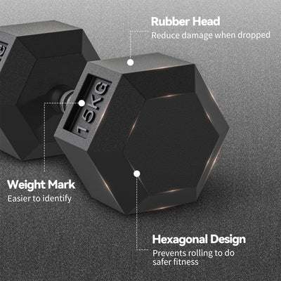 HOMCOM 2x15KG Rubber Hex Dumbbell Portable Hand Weights Dumbbell Home Gym 
