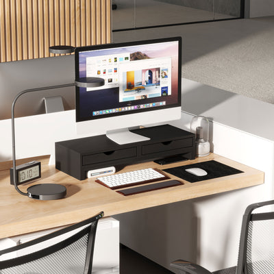 HOMCOM Dual Monitor Stand Riser with 2 Drawers, Adjustable Length and Angle, 116cm Monitor Riser for Laptop, Computer, PC, Small Printer, Black 