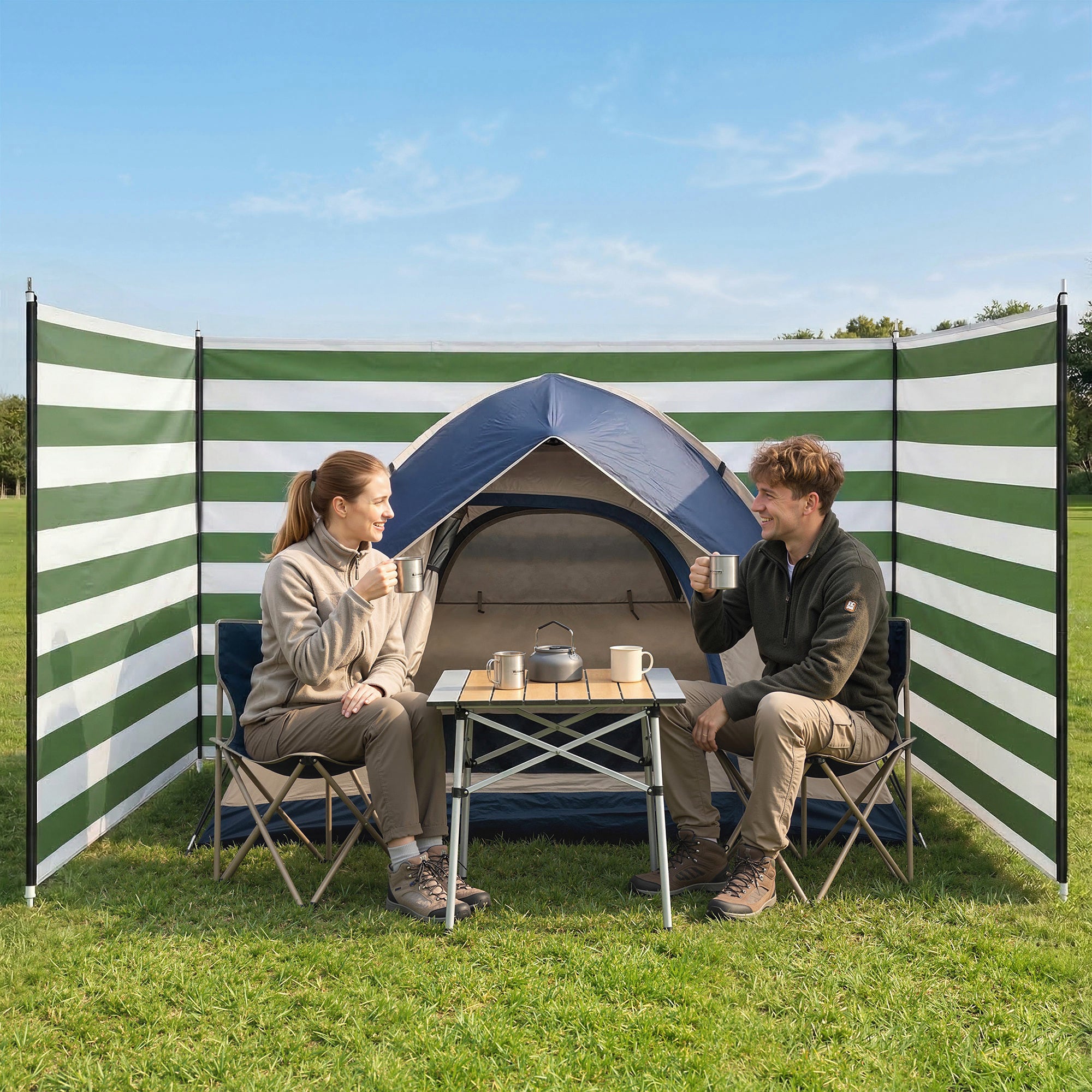 Outsunny 4 Pole Camping Windbreaks, Beach Wind Shield Shelter with Carry Bag and Steel Poles, 540cm x 150cm, Army Green 