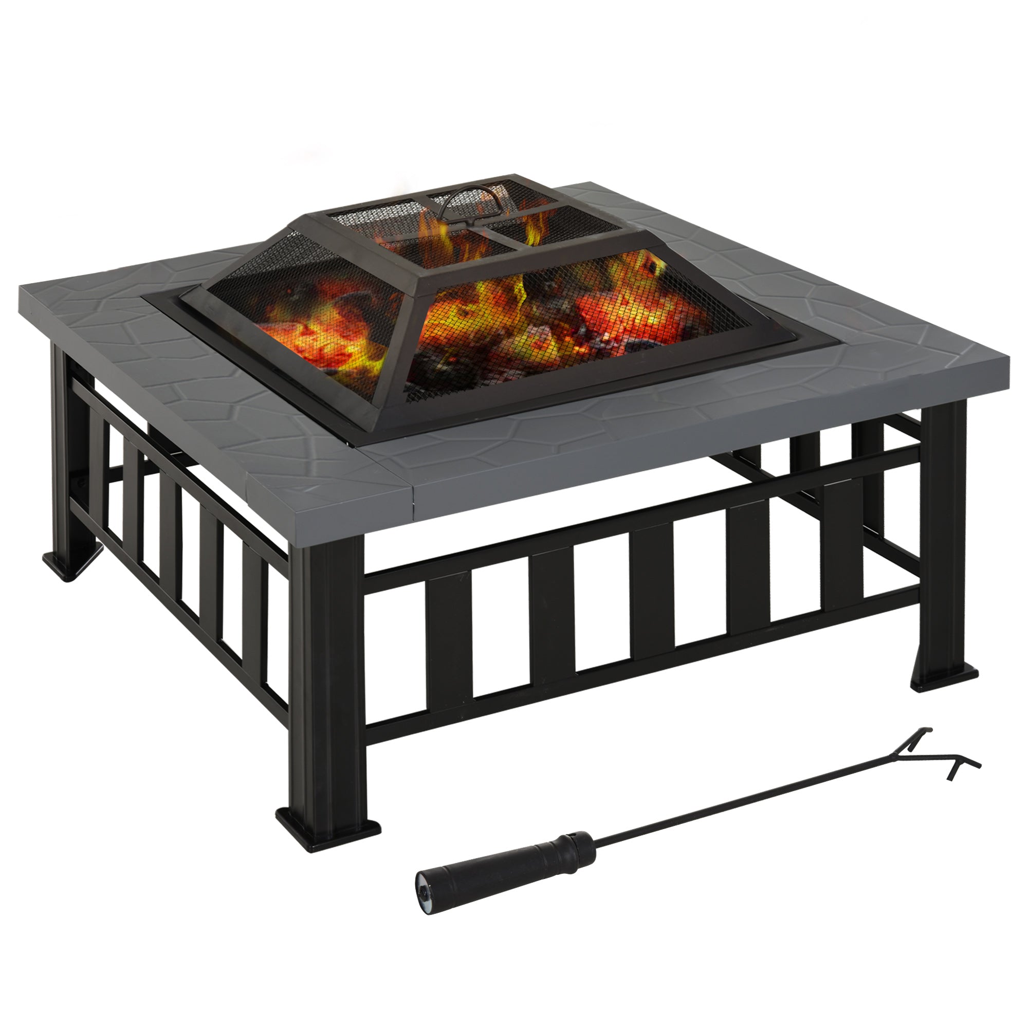 Outsunny Metal Large Firepit Outdoor Square Fire Pit Brazier w/ Rain Cover, Lid, Log Grate, Poker for Backyard, Camping, BBQ, Bonfire, Wood Burning Stove, 86 x 86 x 54cm, Black 