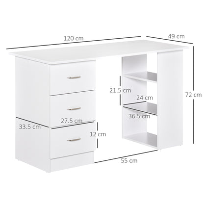 HOMCOM Computer Desk, Writing Table, PC Workstation with 3 Storage Shelves and Drawers, Silver Handle, for Home Office, White 