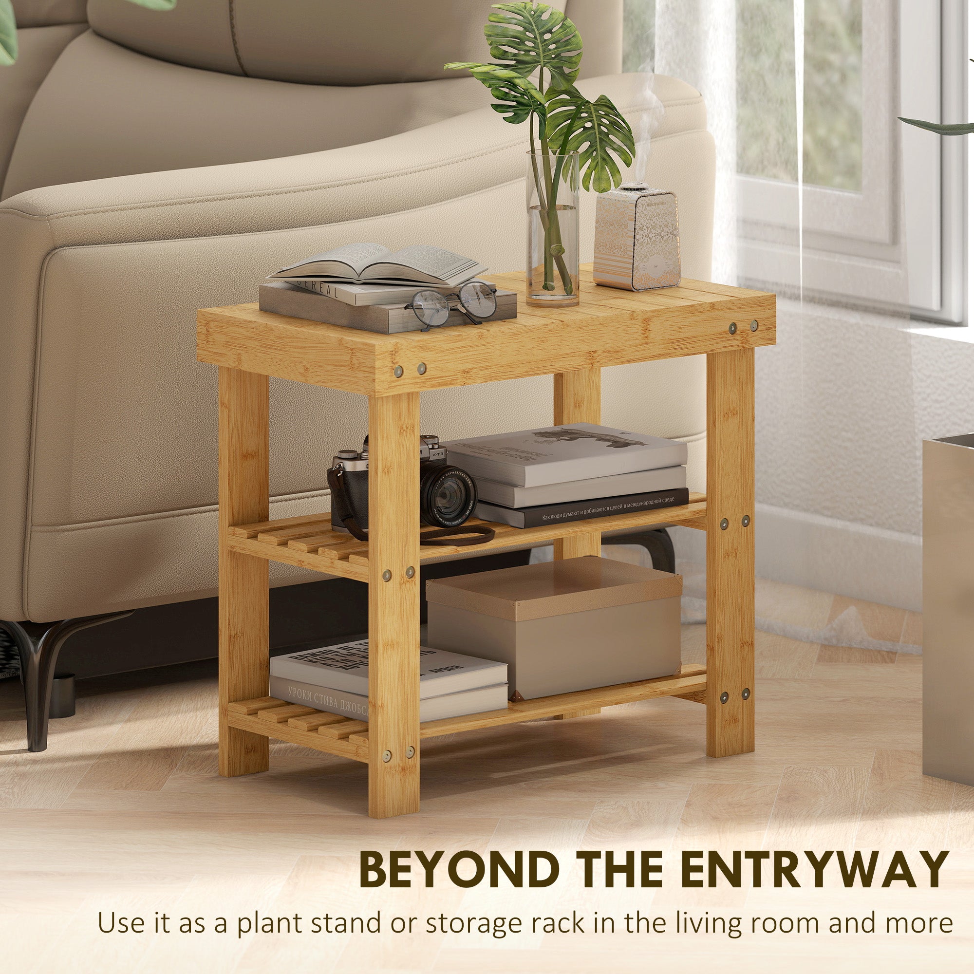 HOMCOM Two Shelf Bamboo Shoe Storage Bench - Natural Finish 