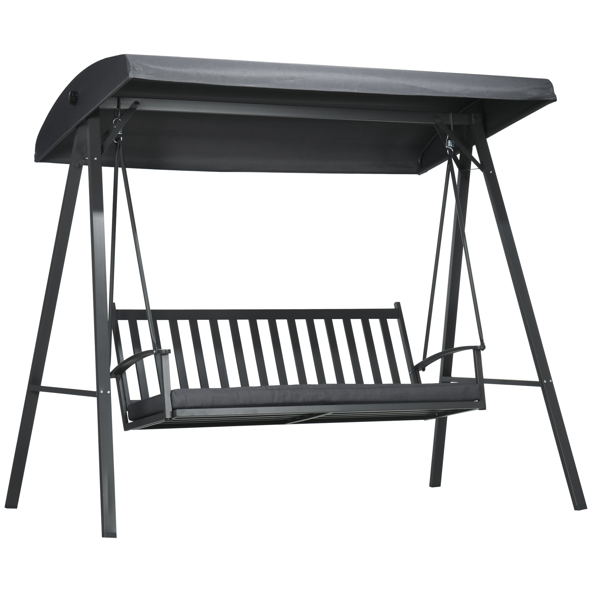 Outsunny 3-Seat Garden Swing Chair, Outdoor Canopy Swing with Removable Cushion, Adjustable Shade, and Slatted Bench, for Porch, Poolside, Backyard, Dark Grey 