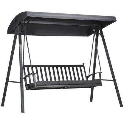 Outsunny 3-Seat Garden Swing Chair, Outdoor Canopy Swing with Removable Cushion, Adjustable Shade, and Slatted Bench, for Porch, Poolside, Backyard, Dark Grey 