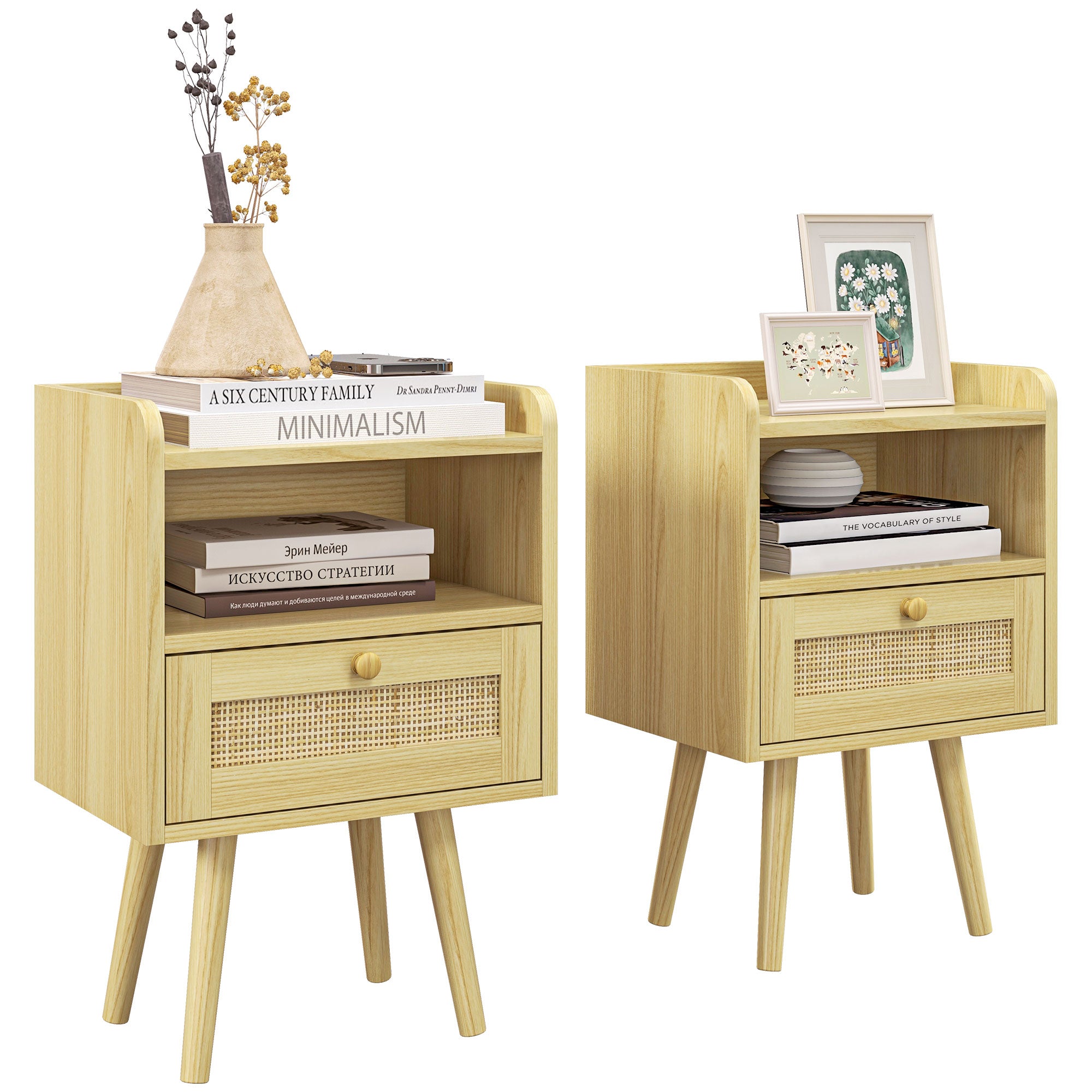 HOMCOM Set of Two Rattan Weave Bedside Tables - Wood Effect 
