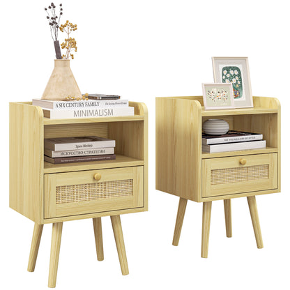 HOMCOM Set of Two Rattan Weave Bedside Tables - Wood Effect 