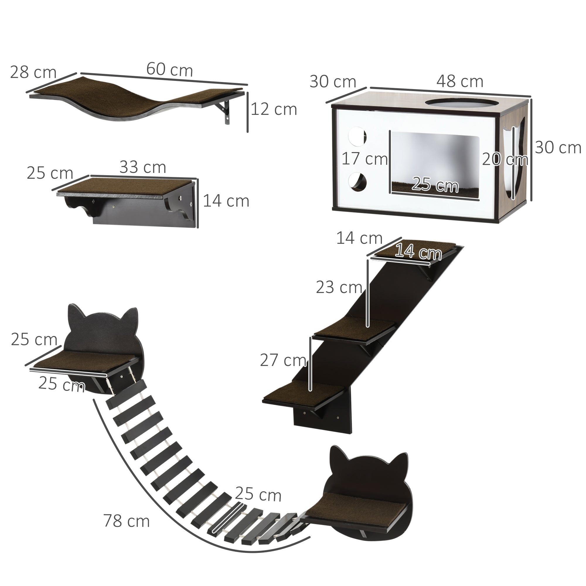 PawHut 5 Piece Cat Wall Shelves, Wall-Mounted Cat Tree for Indoor Use - Brown 