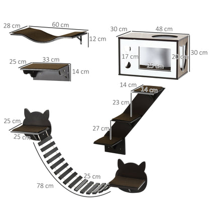PawHut 5 Piece Cat Wall Shelves, Wall-Mounted Cat Tree for Indoor Use - Brown 