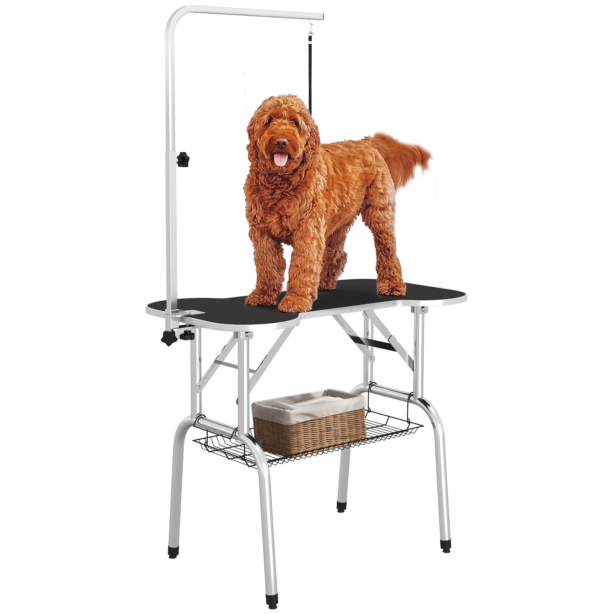 PawHut Foldable Dog Grooming Table Pet Drying Table with Adjustable Arm Non-Slip Rubber Tabletop Aluminium Alloy Edge Stainless Steel Bar Sling 94.5 x 55 x 81cm Black 