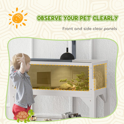 PawHut Wooden Tortoise House with Storage Shelf, Clear Observation Windows, Lamp Holder, Openable Top, Built-in Tray, Grey 