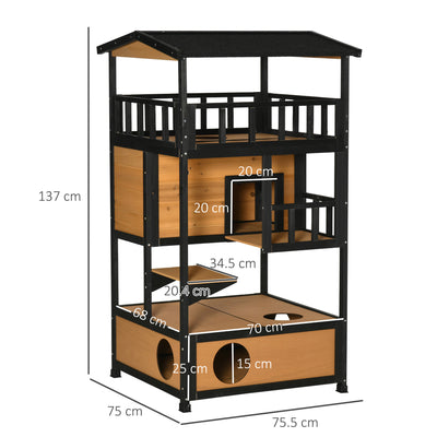 PawHut Wooden Outdoor Cat House 3-Tier for Winter Kitten Shelter Lodge w/ Tilted Roof Terrace Jump Step Bottom Tray Elevated Base Waterproof Paint Yellow 