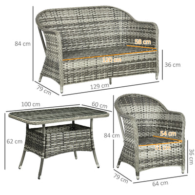 Outsunny Four-Piece Rattan Set, with Glass-Top Table - Grey 