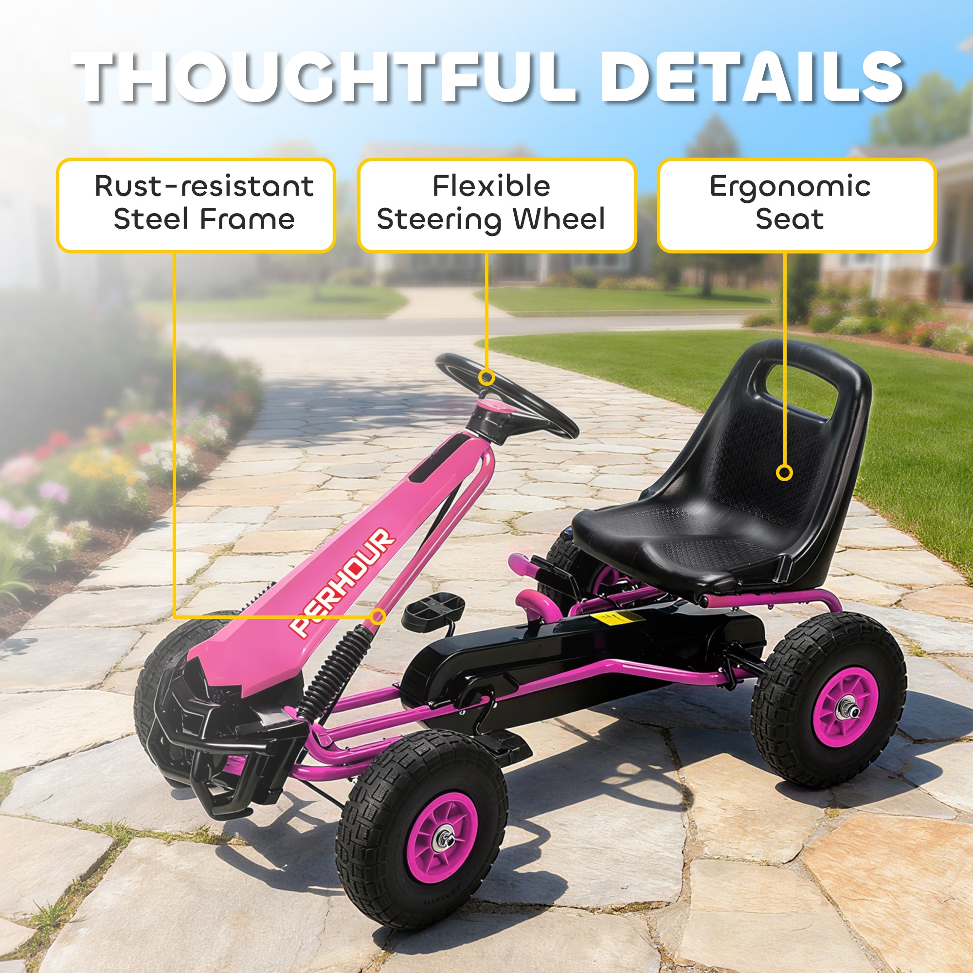 AIYAPLAY Kids Pedal Go Kart with Adjustable Seat, EVA Tyres, Manual Clutch, Brake, Go Kart for Kids 3-8 Years, Pink 