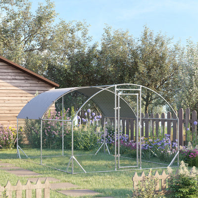 PawHut Walk In Chicken Run Galvanised Chicken Coop Hen Poultry House Cage Rabbit Hutch Pet Playpen Garden with Water-Resist Cover, 2.8 x 3.8 x 2m 