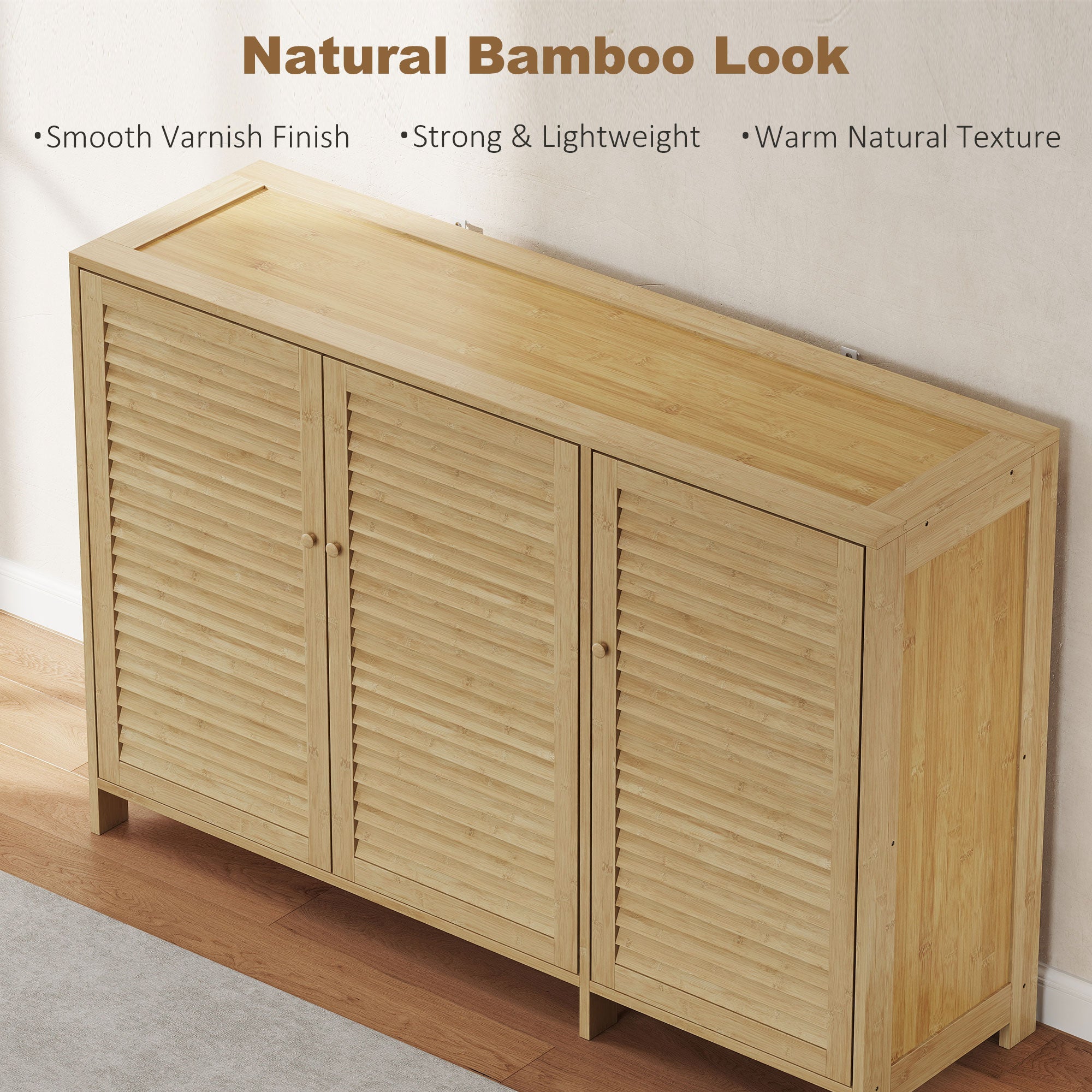 HOMCOM Bamboo Shoe Cabinet with Louvered Doors, 18 Pairs Shoe Storage Cabinet with Adjustable Shelves for Hallway, Natural 
