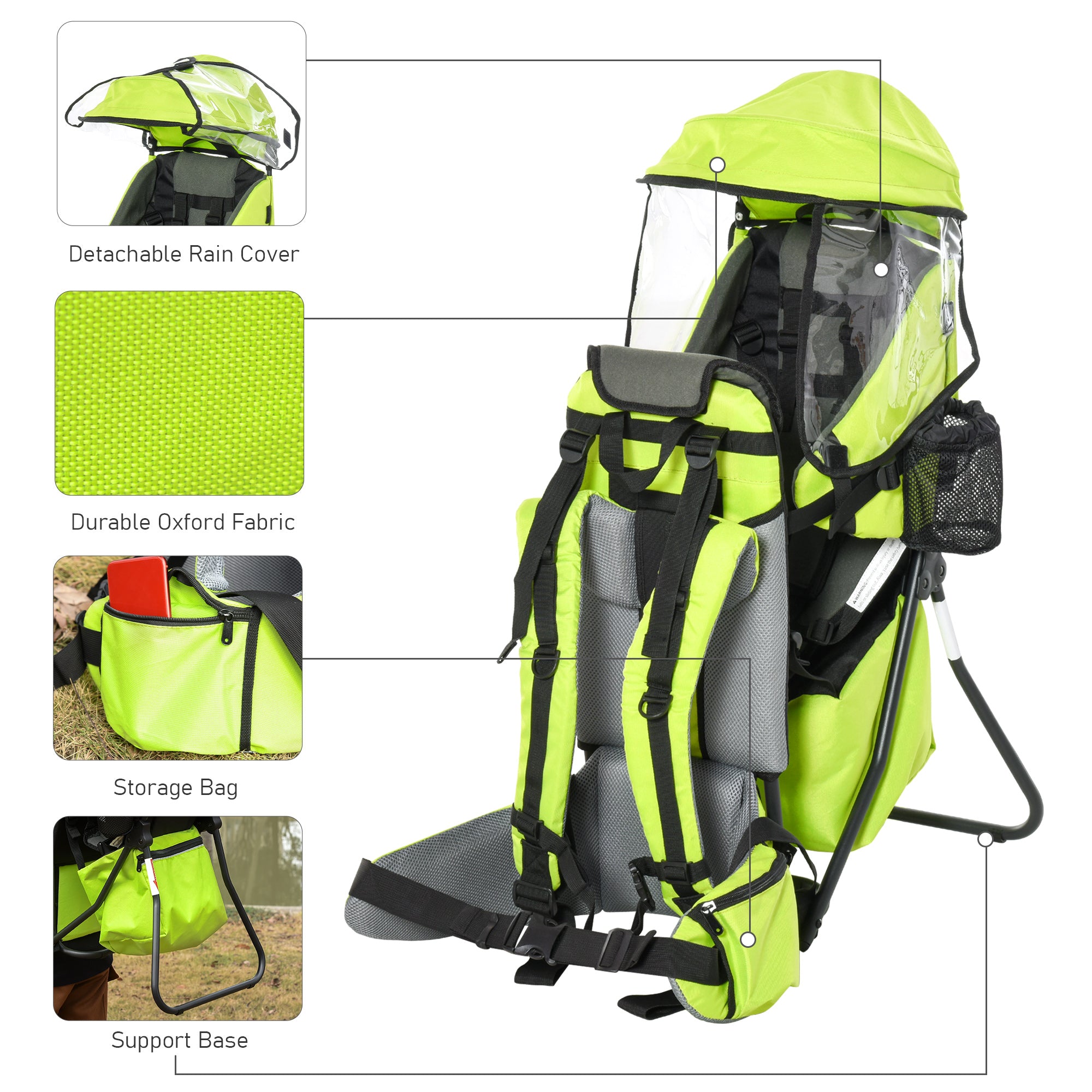 HOMCOM Baby Hiking Backpack Carrier Child Carrier with Ergonomic Hip Seat Detachable Rain Cover Adjustable Straps Stand for Toddler 6 - 36 Months Green 