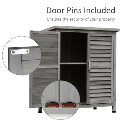 Outsunny Garden Shed Wooden Garden Storage Shed 2 Door Unit Solid Fir Wood Garage Tool Organisation Cabinet, 87L x 46.5W x 96.5Hcm, Grey 