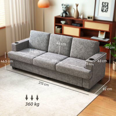 HOMCOM 3 Seater Sofa with USB Ports & Cup Holders - Grey 