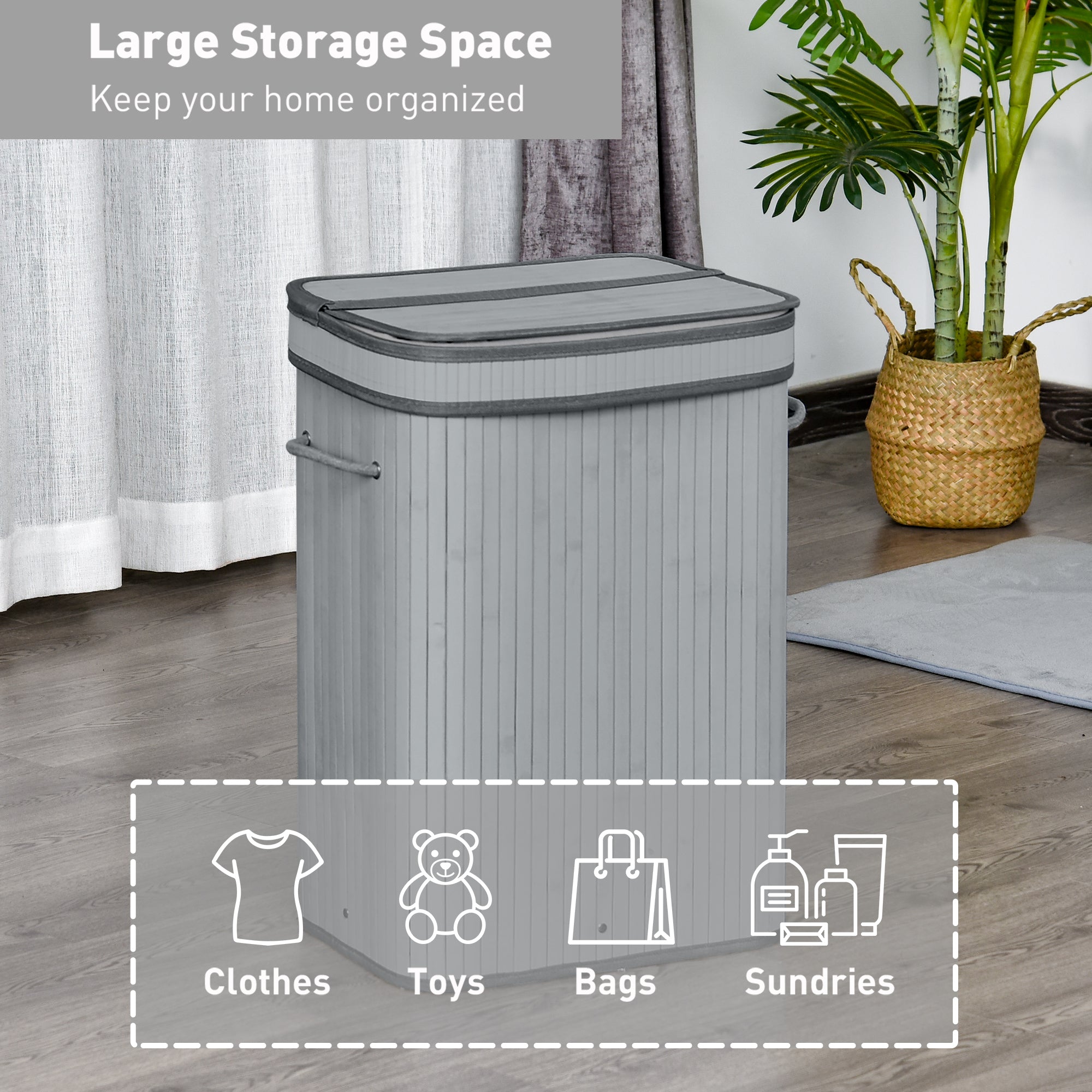 HOMCOM 70L Natural Wood Laundry Basket A Compartment w/Flip Lid Removable Lining Handles Board Base Foldable Durable Water-Resistant Dirty Clothes Storage Home Organisation Grey 