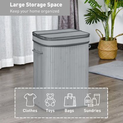 HOMCOM 70L Natural Wood Laundry Basket A Compartment w/Flip Lid Removable Lining Handles Board Base Foldable Durable Water-Resistant Dirty Clothes Storage Home Organisation Grey 