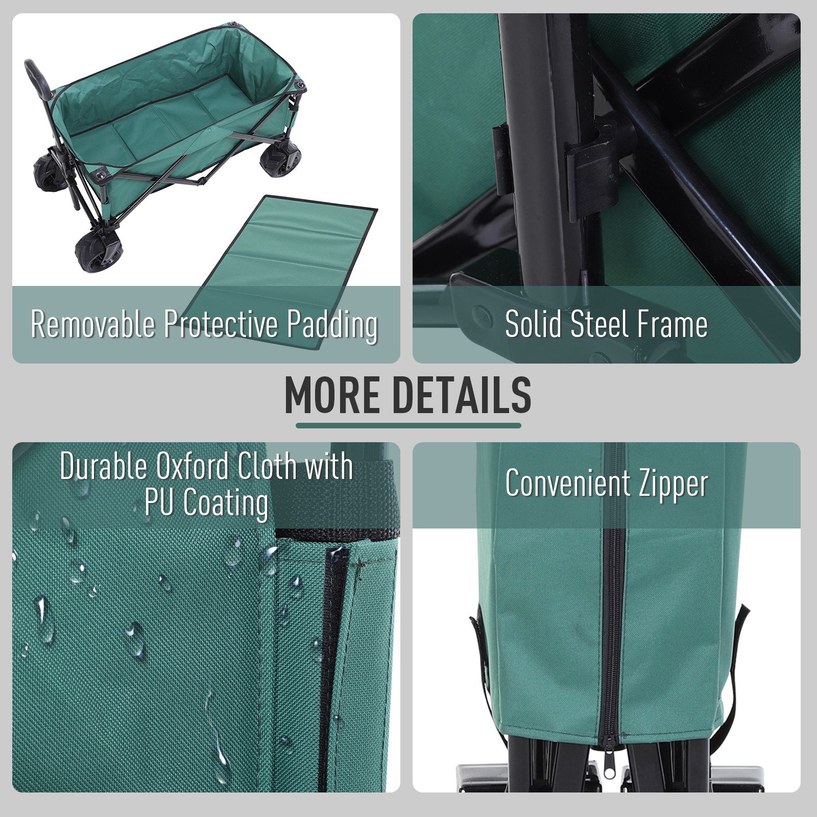 Outsunny 140L Folding Garden Trolley Cart, Festival Trolley on Wheels with Telescopic Handle, Big Wheels for Outdoor Camping Beach, Green 