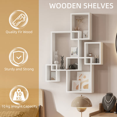 HOMCOM Floating Shelves, Wall Mounted Interlocking Cube Shelves, Display Wall Shelf for Living Room, Bedroom, Hallways, White 