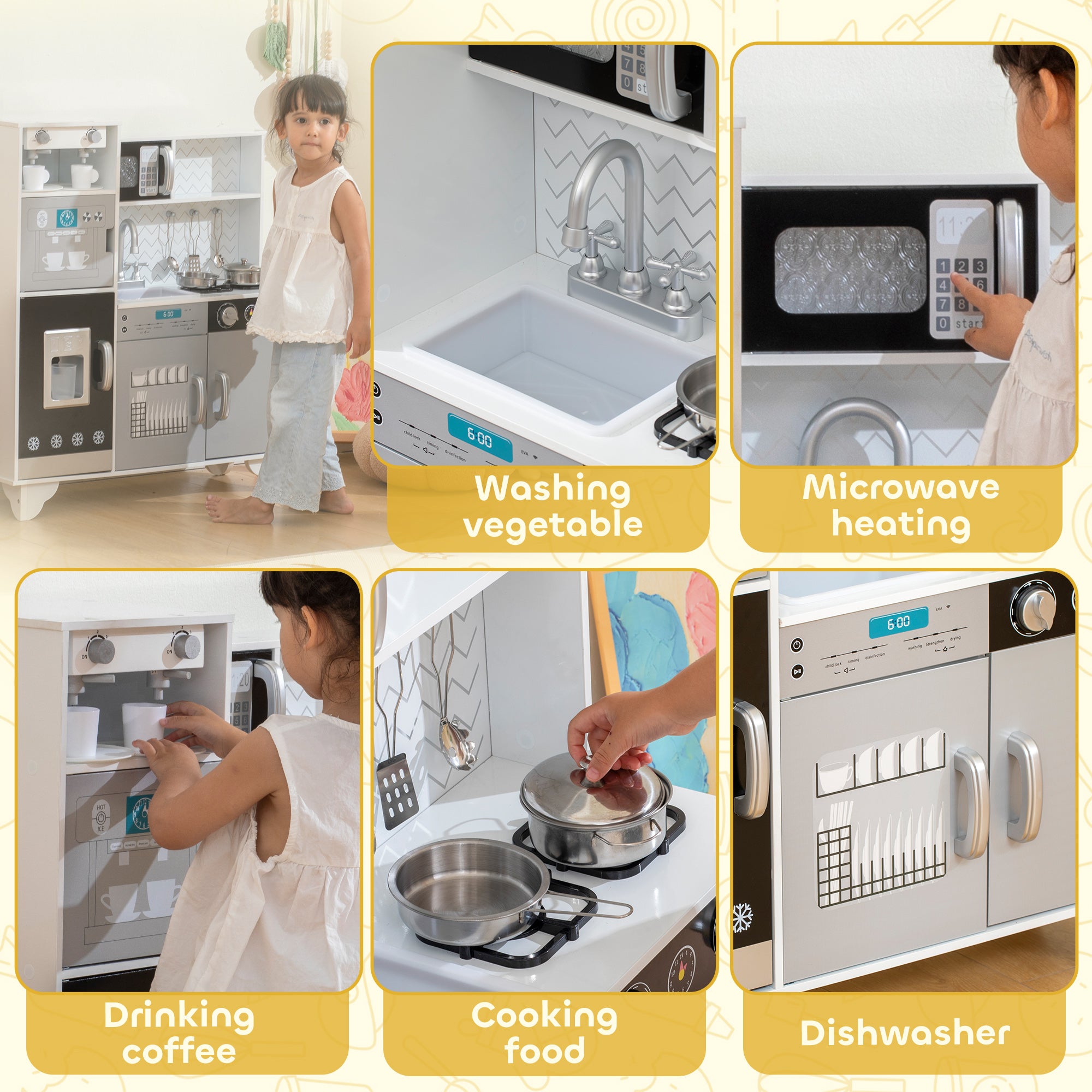 AIYAPLAY Kids Play Kitchen with Sound, Ice/Coffee Maker, Utensils, Microwave, Stainless Steel Utensils, for 3-6 Years 